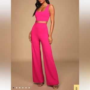 Lulus Only Tonight Hot Pink Two-Piece Wide-Leg Jumpsuit